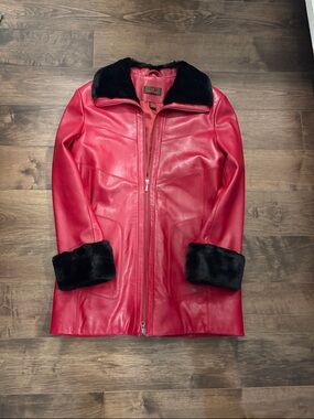 Danier Red Leather Coat with Black Fur Trim